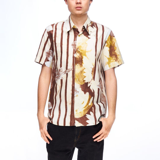 HUGO BOSS Shirt Brown Floral Print Cotton Men's Short Sleeve Size M
