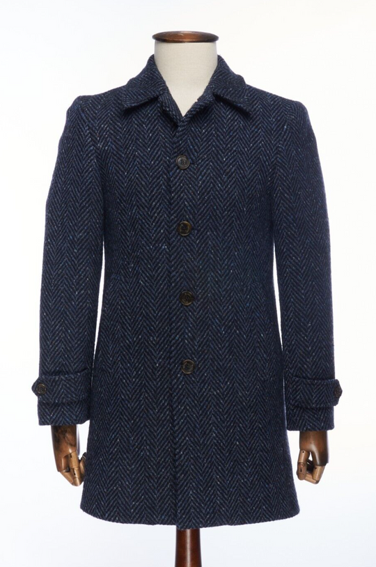 HACKETT Mayfair Coat Navy Blue Herringbone Wool Mens Overcoat Size 36 US / 46 EU