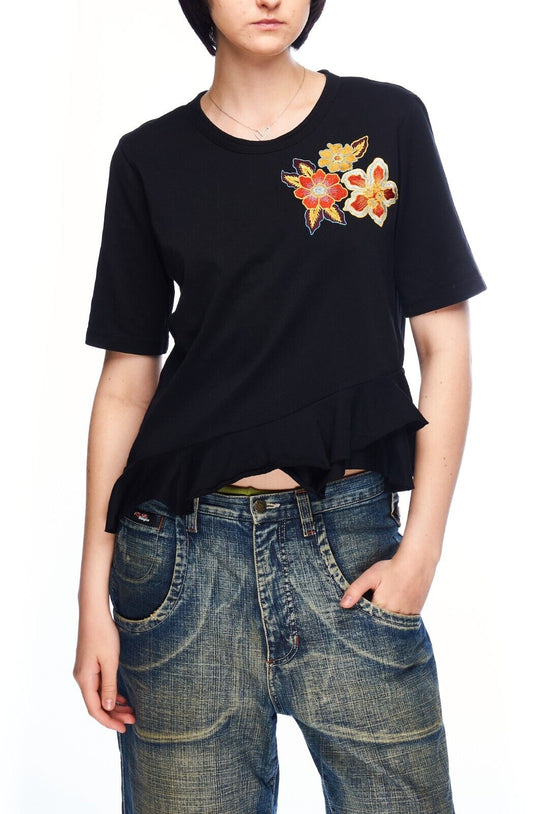 SANDRO Paris Asymmetric T-Shirt Black Cotton Women's Tee Top Embroidered Size 3