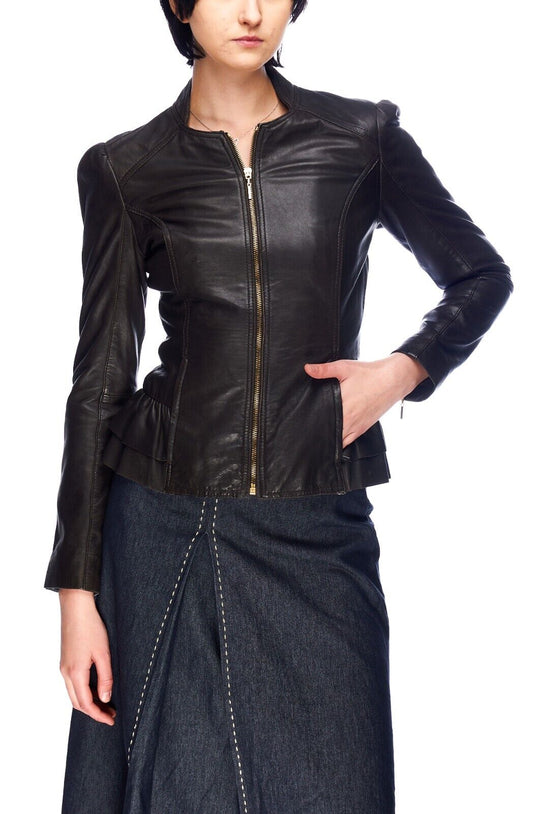 TED BAKER Jacket Brown Leather Womens Peplum Size 1 / S