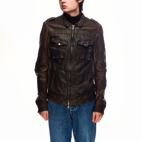 ALLSAINTS Brown Leather Moto Biker Zip Mens Jacket Size S