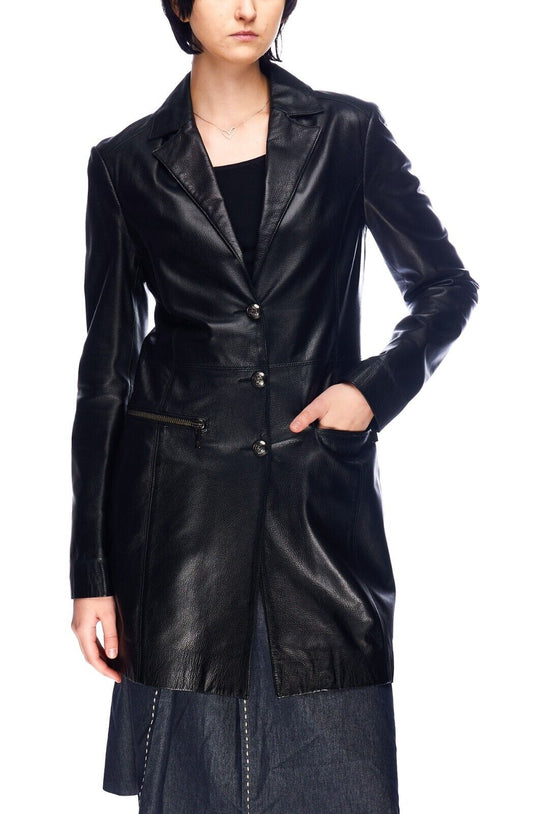 VINTAGE VERSACE Sexy Coat Black Leather Women's Long Jacket Size S