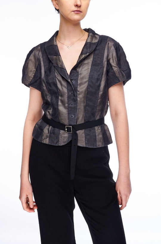 KAREN MILLEN Belted Jacket Gray Stripes Silk Women's Short Sleeve Blazer Size 42