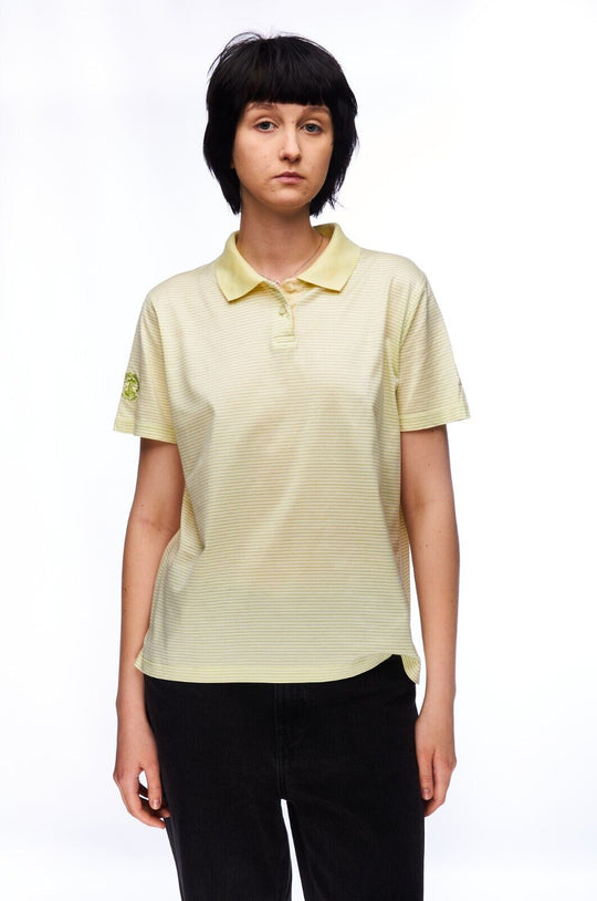 BURBERRY Golf Polo Shirt Yellow White Stripes Cotton Women's Top Size L