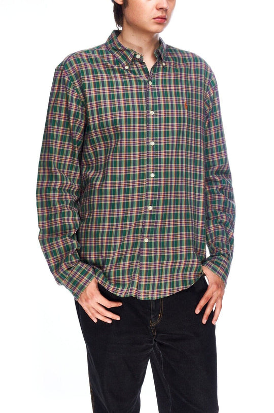 POLO RALPH LAUREN Shirt Green Purple Check Cotton Men's Button Down Size L
