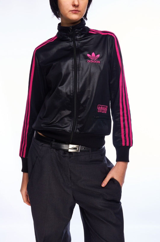 ADIDAS Track Top Jacket Black Pink Stripes Women's Sportswear Big Logo Size 40