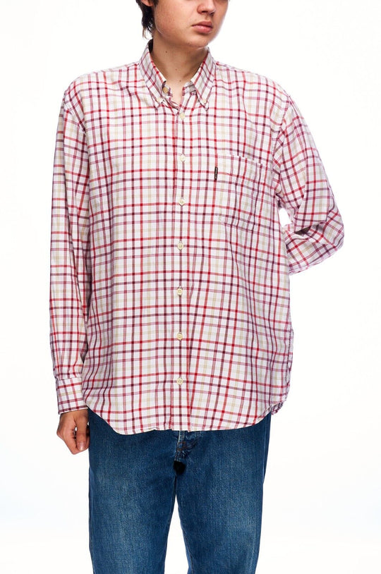BARBOUR Shirt Red Tartan Check Cotton Men's Button Down Size L