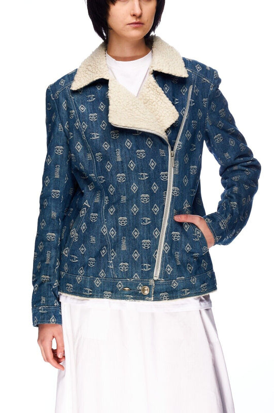 JUST CAVALLI Biker Jacket White Blue Denim Sherpa Lined Men's Size ~S / M