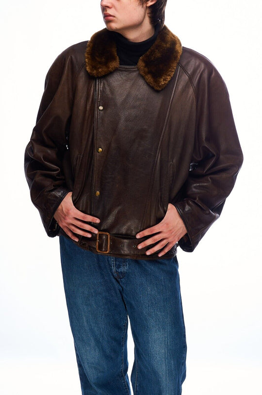 Vintage KENZO Jacket Brown Leather Men's Shearling Collar Aviator Size 2