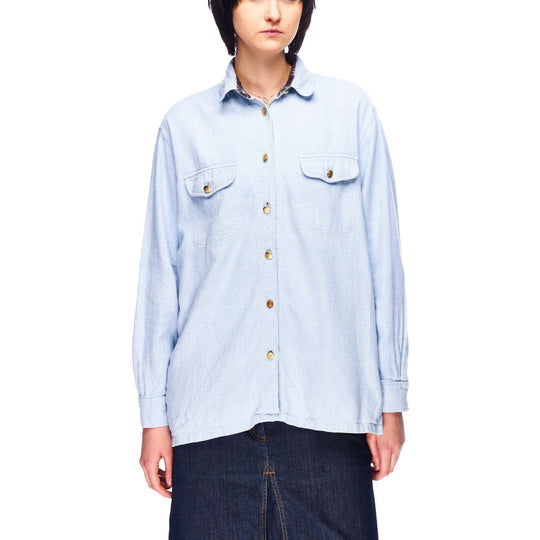 Vintage BURBERRYS Shirt Blue Cotton Womens Nova Check Band Neck Size 10 US