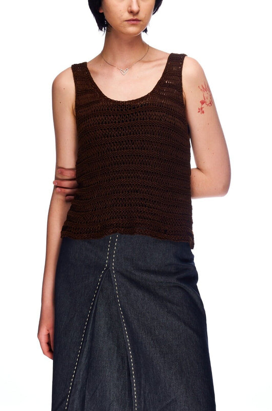 JIL SANDER Tank Top Brown Crochet Women's Knit Sleeveless Sweater Y2k Size 36 IT