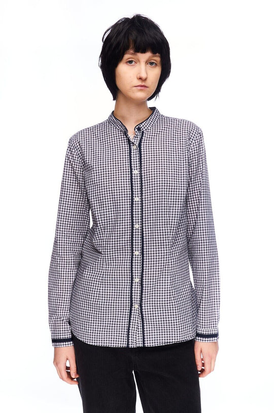 0039 ITALY Shirt Black Check Cotton Women's Band Collar Size L