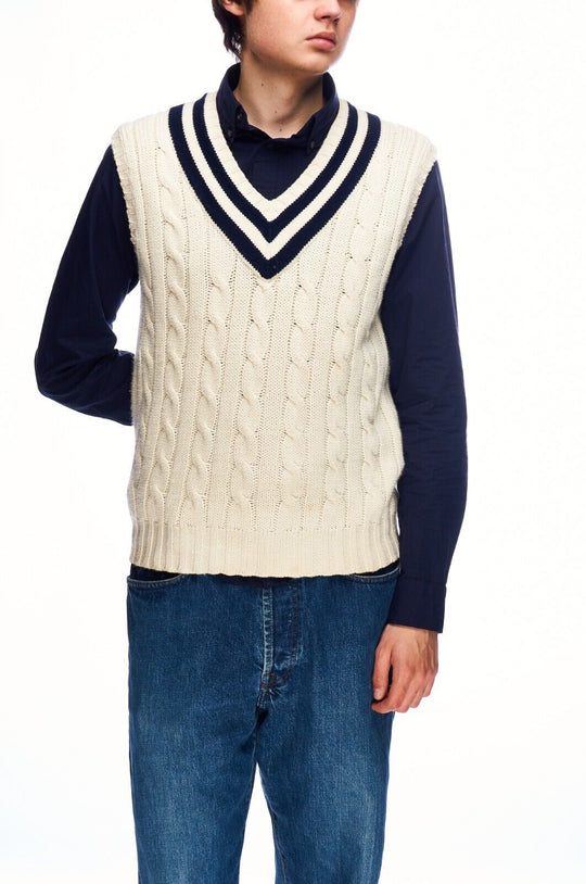 RALPH LAUREN Cricket Sweater Vest Beige Cotton Men's Cable Knit V-Neck Size XS