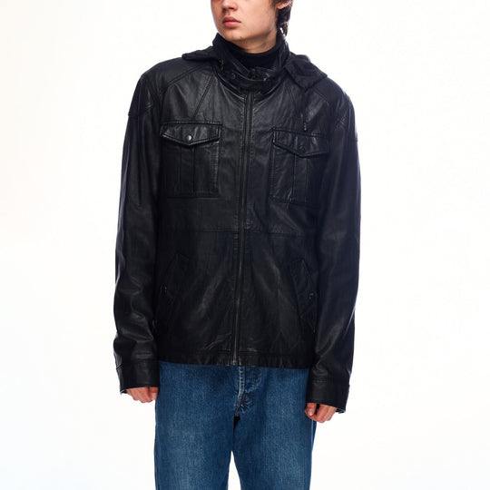 TED BAKER Leather Jacket Black Full Zip Biker Men's Bomber Size 6 / XL