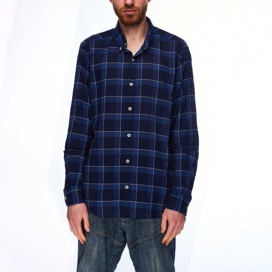 MASSIMO DUTTI Shirt Navy Check Cotton Men's Button Down Size L