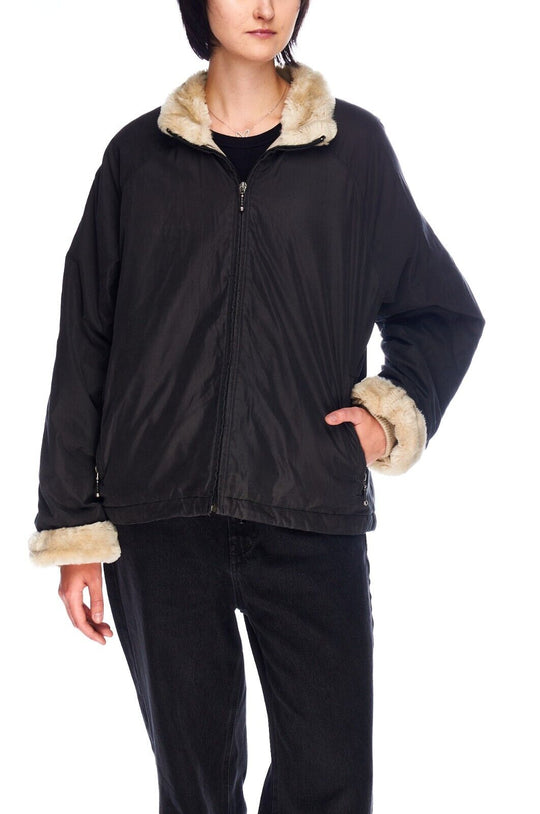 WOOLRICH Jacket Black Nylon Women's Fur Trim Size L