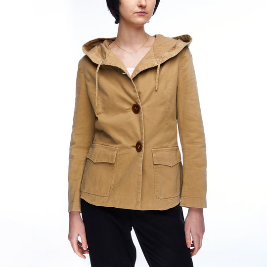 HACHE Hooded Jacket Beige Cotton Women's Half Belt Coat Size 46