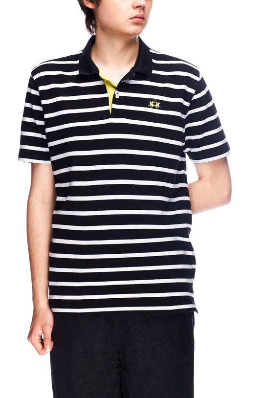 LA MARTINA Polo Shirt Black White Striped Cotton Short Sleeve Mens Size L