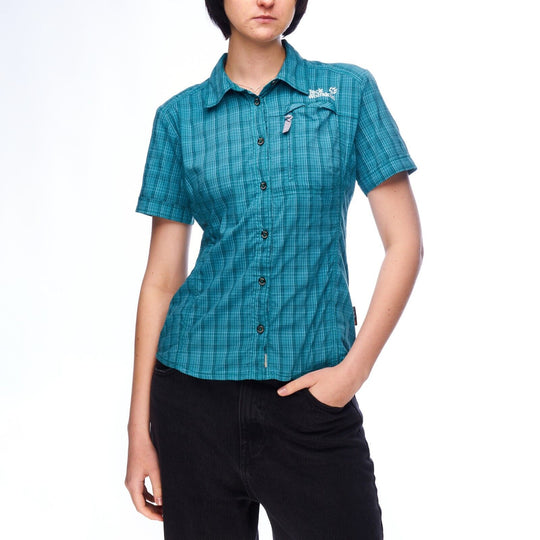 JACK WOLFSKIN Shirt Green Check Women's Outdoor Short Sleeve Size 10 / S
