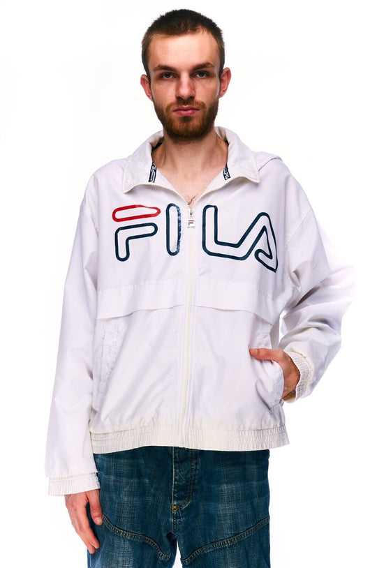FILA Hooded Jacket White Nylon Men's Sportswear Big Logo Size 46