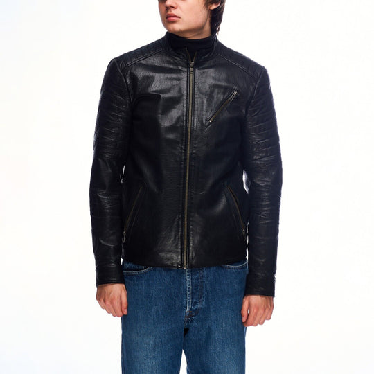 SELECTED HOMME Black Leather Moto Biker Zip Mens Jacket Size S