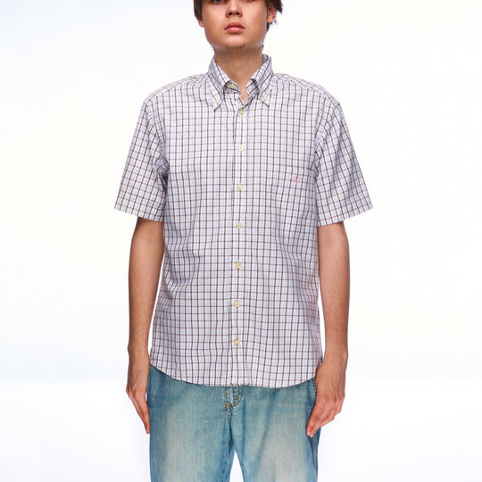 GANT Pinpoint Oxford Shirt Brown Check Cotton Men's Short Sleeve Size S