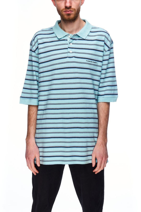 THOMAS BURBERRY Polo Shirt Blue Striped Pique Cotton Men's Short Sleeve Size L