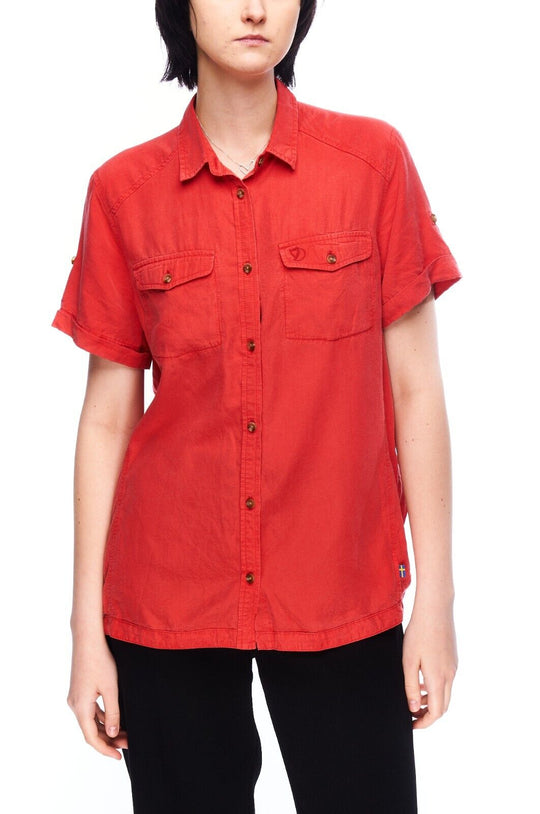 FJALLRAVEN Abisko Vent Shirt Red Women's Button Up Outdoor Short Sleeve Size L