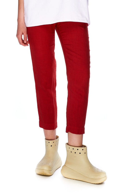 120% LINO Pants Red Linen Women's Mom Straight Trousers Size 40