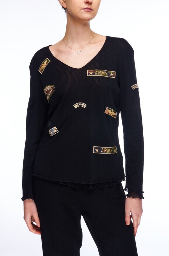 MARINA RINALDI SPORT V-Neck Sweater Black Womens Army Patches Mesh Jumper Size S
