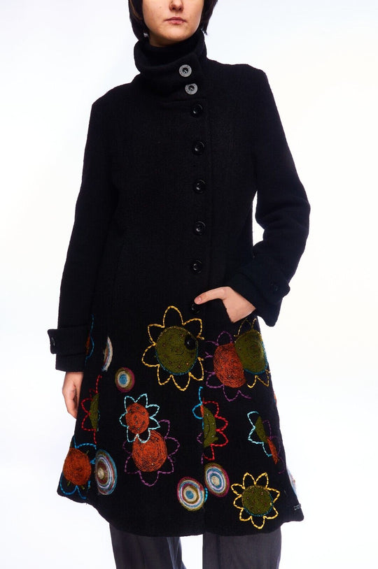 DESIGUAL Single Breasted Coat Black Floral Embroidered Women's Jacket Size 44 EU
