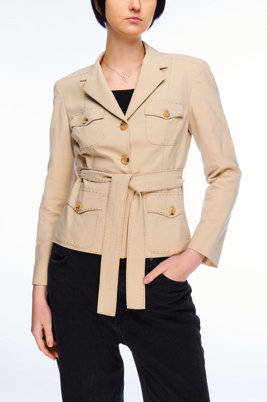 SARTORIA ATTOLINI Belted Jacket Beige Cotton Women's Utility Blazer Size 42