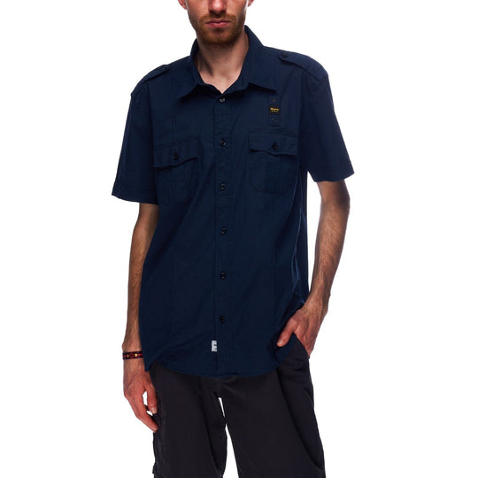 BLAUER Shirt Navy Blue Cotton Men's Button Down Short Sleeve Size XL