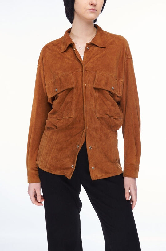 MARC CAIN Shirt Brown Suede Leather Women's Snap Overshirt Size 3