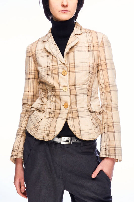MARITHE FRANCOIS GIBRAUD Blazer Jacket Brown Check Cotton Women's Size 44