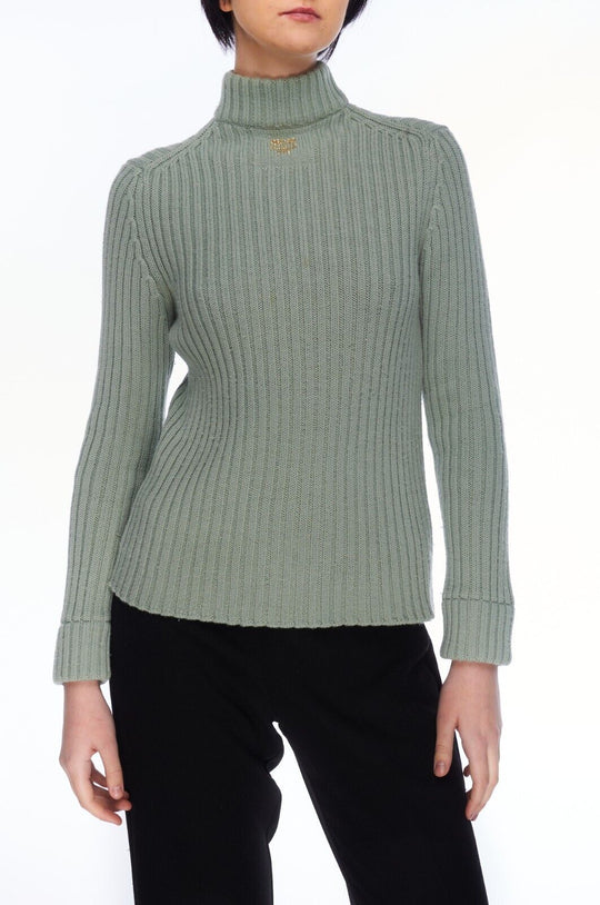 MCM Turtleneck Sweater Grey Mint Women's Ribbed Logo Knit Jumper Size 42