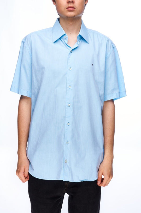 TOMMY HILFIGER Shirt Blue Cotton Men's Button Up Short Sleeve Size 43