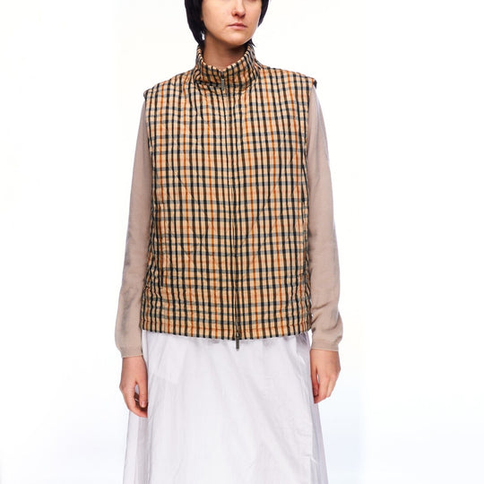 DAKS Signature Full Zip Vest Beige Check Women's Quilted Waistcoat Size 42