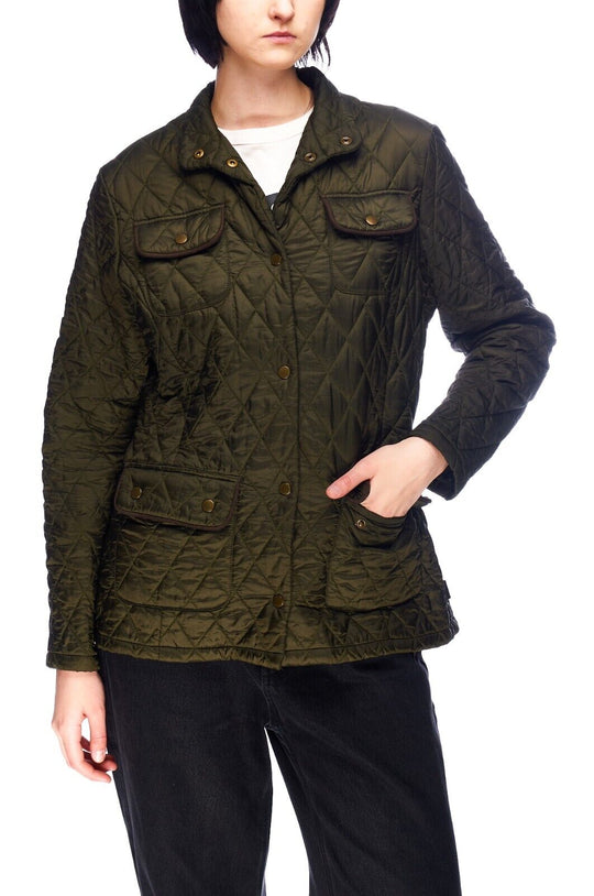 BARBOUR Flyweight Quilted Jacket Khaki Outer Snap Placket Womens Utility Size 14