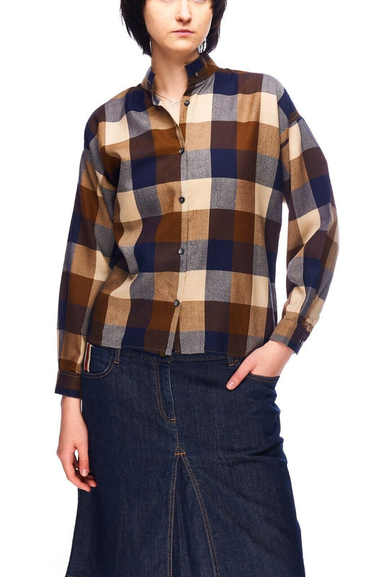 AQUASCUTUM Shirt Brown Navy House Check Wool Women's Top Size 34