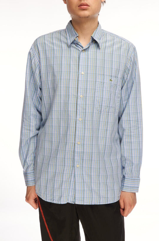 LACOSTE Shirt Blue Check Cotton Men's Button Up Size 42