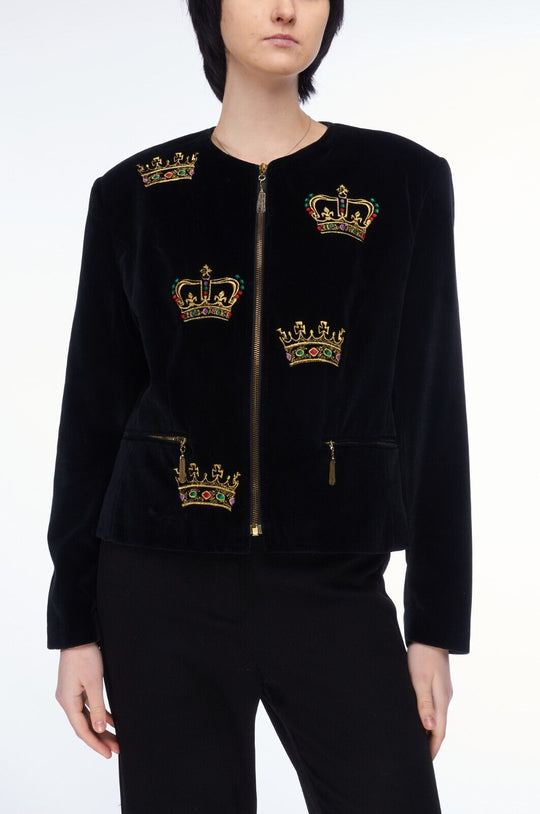 ICEBERG Full Zip Jacket Black Cotton Velour Women's Embroidered Crowns Size 44