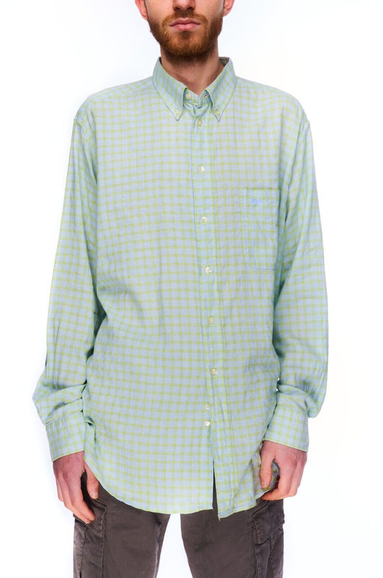 Vintage BURBERRYS Shirt Blue Green Check Cotton Men's Button Down Size ~L