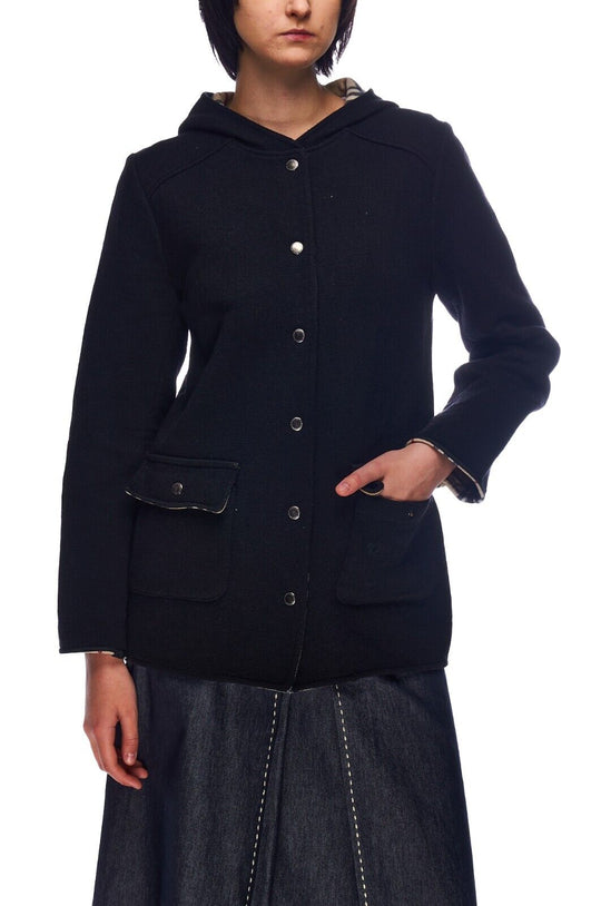 BURBERRY London Hooded Jacket Black Women's Nova Check Lining Coat Size 40