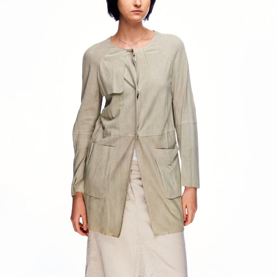 BROGDEN Jacket Grey Perforated Leather Snap Womens Size 40 IT