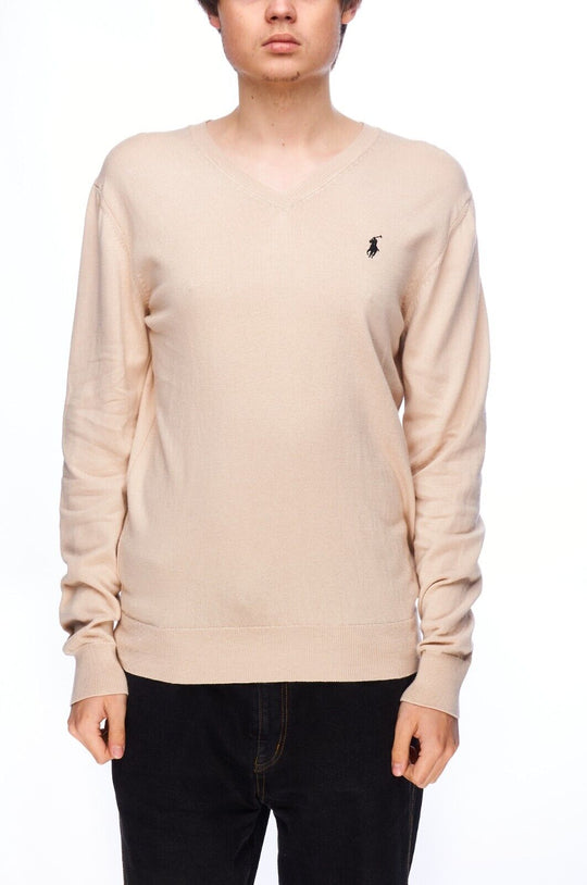 POLO RALPH LAUREN V-Neck Sweater Beige Cotton Men's Knit Jumper Size M