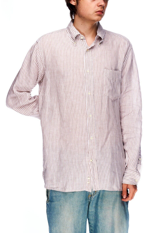 BOGGI Milano Shirt Beige Striped Linen Men's Button Down Size L