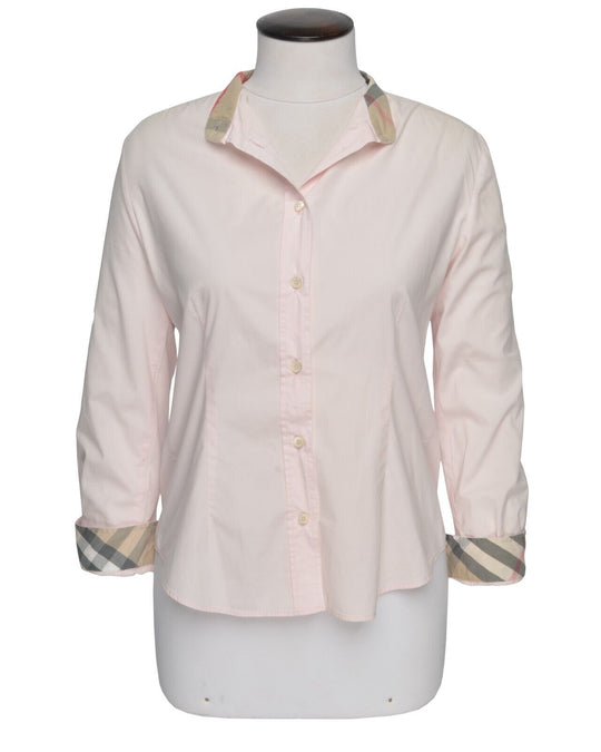 BURBERRY London Shirt Pink Cotton Women's Nova Check Trim Band Neck Size S