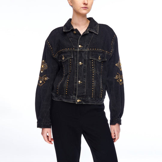 Vintage MCM Trucker Jacket Black Denim Cotton Women's Golden Studs Size M