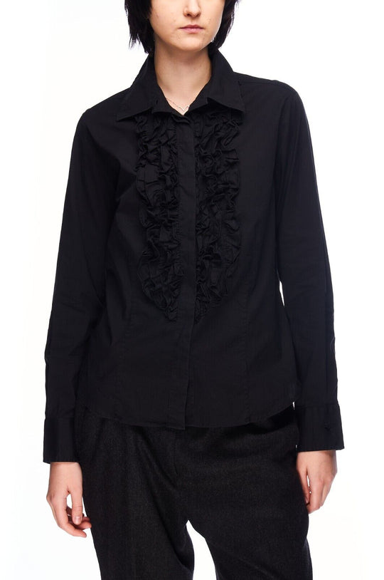 BURBERRY Frill Shirt Black Cotton Women's Ruffles Button Up Size L